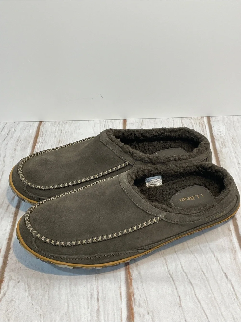 L.L. Bean Mens 10 Suede Slippers Grey Shearling Slip-On Loafers Low Back Cozy